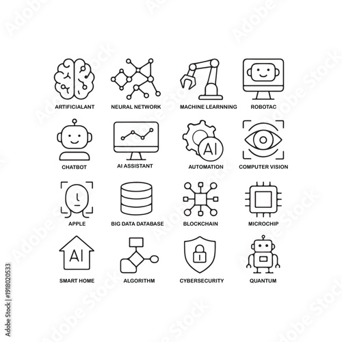 Line icons representing artificial intelligence, robotics, and data technology