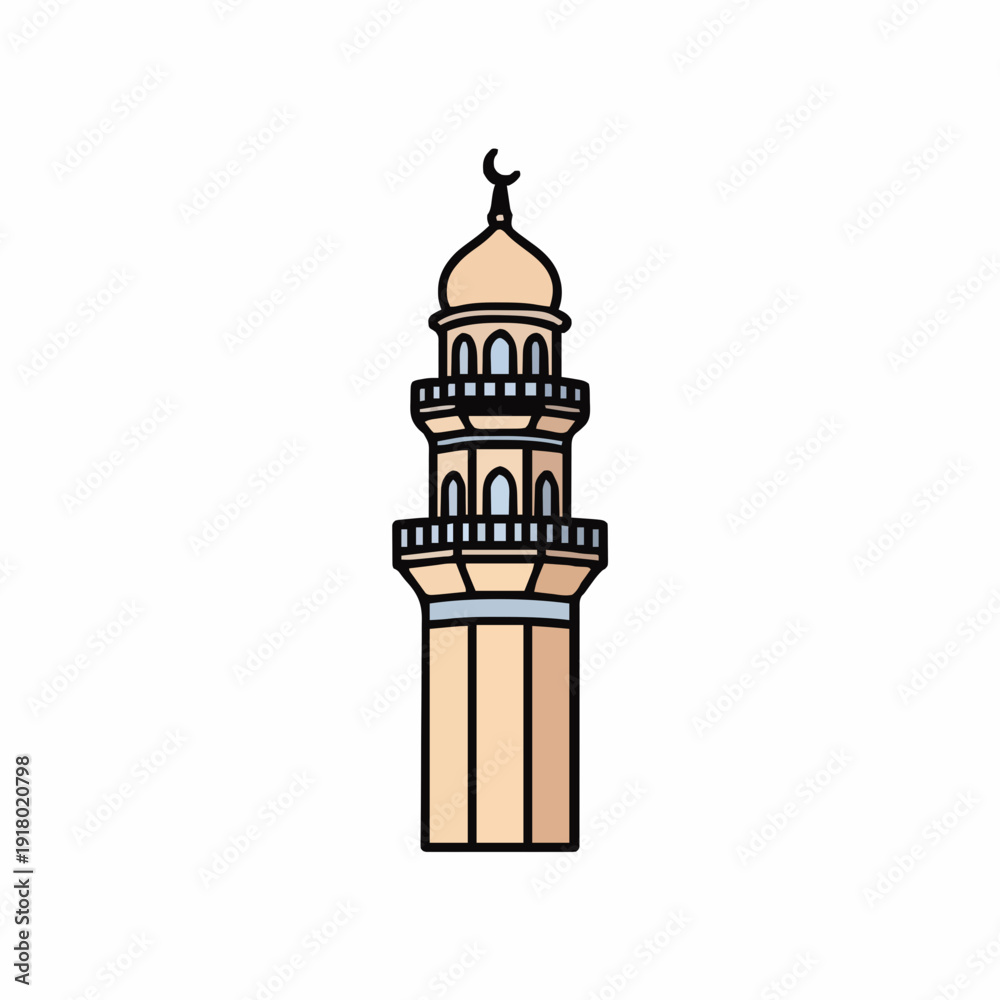 Obraz premium Traditional Islamic Minaret Tower With Dome and Crescent Symbol Against White Background Minimalist Architectural Illustration