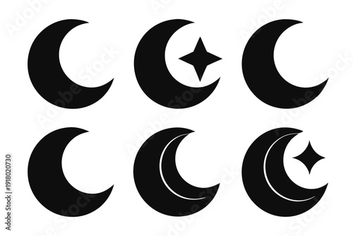 set of crescent moon icon line art silhouette vector illustration