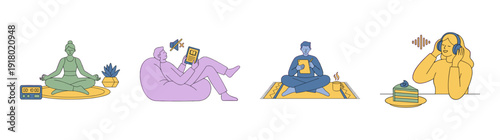 Minimalist Flat Vector Self Care and Wellness Character Asset Sheet for Lifestyle Blog Graphics