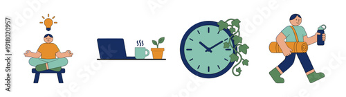 Flat Vector Wellness and Productivity Element Kit for Work Life Balance and Mindful Routine
