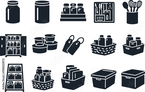 Solid vector icons of kitchen organization: jar, canister, spiceRack, drawerDivider, utensilHolder, pantry, containerSet,