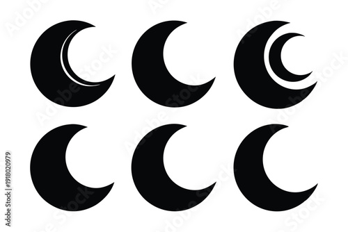 set of crescent moon icon line art silhouette vector illustration