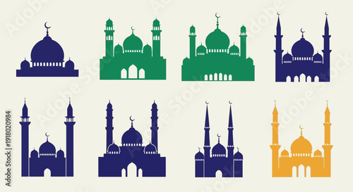 Ramadhan mosque illustration collection featuring various iconic buildings and architectural styles