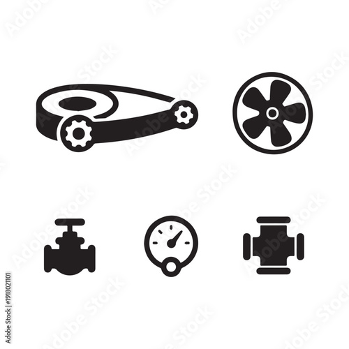 Comprehensive Industrial Engineering and Mechanical Parts Silhouette Icon Set for Technical Documentation.