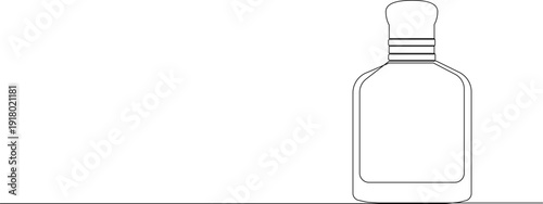 Continuous line illustration of a perfume bottle in horizontal layout with copy space. Editable stroke vector for cosmetics branding, advertising and beauty marketing.