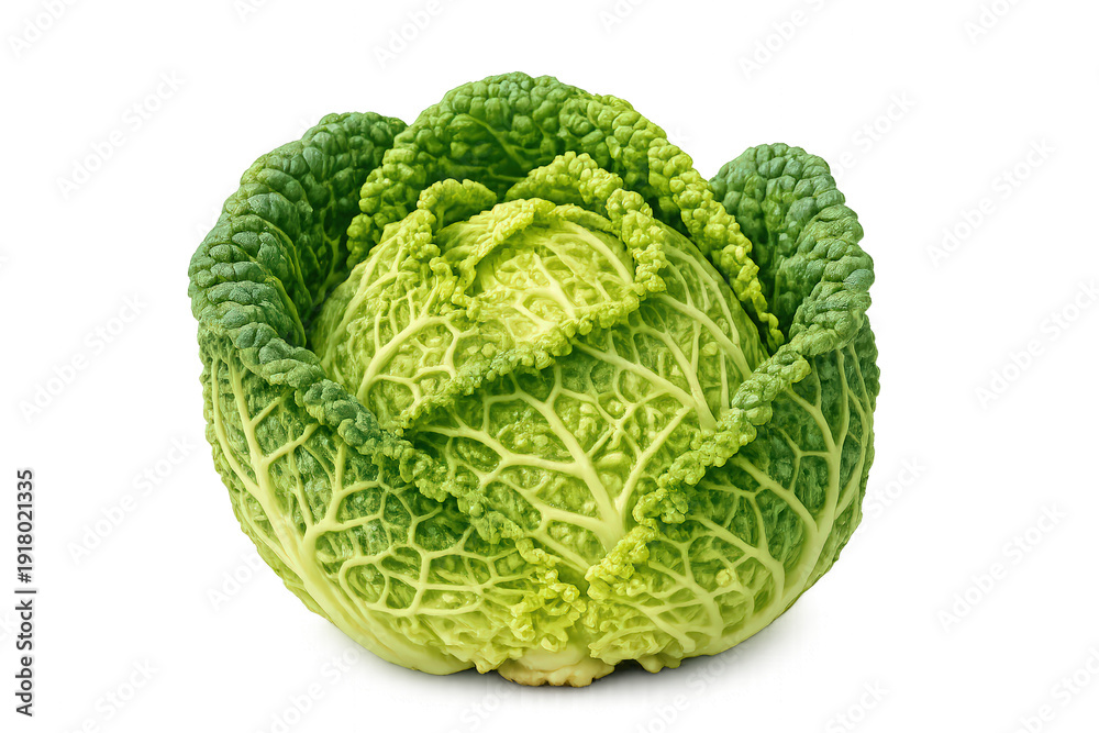 Fototapeta premium Fresh organic savoy cabbage showing textured green leaves, a healthy raw vegetable for cooking and diet, transparent background