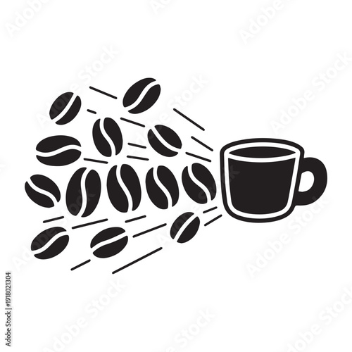 Dynamic Minimalist Illustration of Roasted Coffee Beans Flying Into a Ceramic Cup.