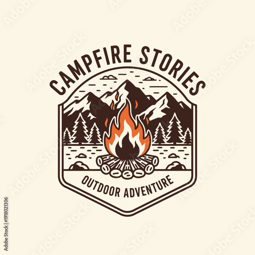 Campfire Stories Outdoor Adventure Emblem Depicting Mountains and Fire.