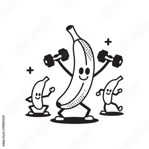 Funny Cartoon Banana Character Lifting Dumbbell Weight in Gym Fitness Workout Illustration. 