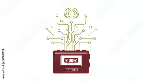 Retro cassette player and brain vector illustration. Minimalist flat design line art. Music and mind connection concept. Isolated on white background