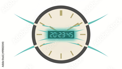 Minimalist analog and digital clock vector illustration. Retro futurism time warp concept with cyan light streaks. Isolated graphic element for technology and sci-fi design