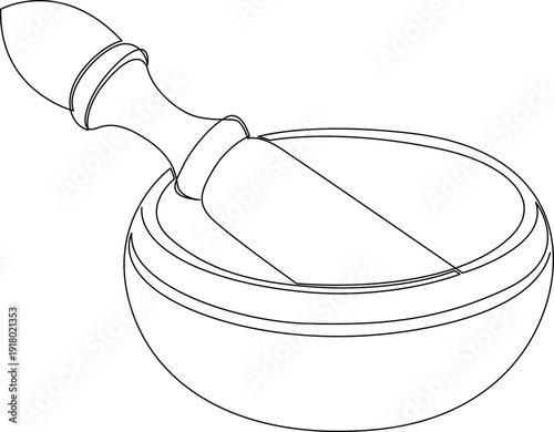 Continuous line drawing of a singing bowl with stick or a mortar and pestle. Minimal linear illustration concept of meditation, wellness, ritual, healing and natural therapy. Editable stroke.