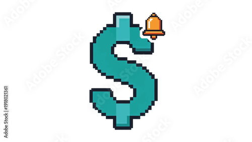 Pixel art dollar sign with notification bell icon. Financial alert and price reminder symbol. 8-bit retro vector illustration isolated on white background