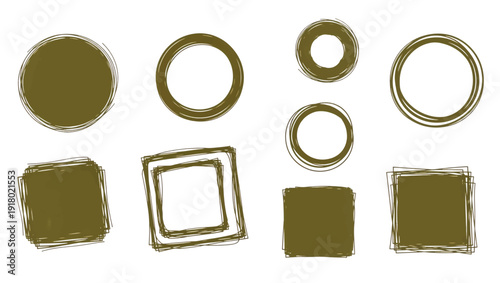 Hand drawn sketchy geometric shapes set. Scribbled olive green circles and squares. Vector illustration isolated on white background