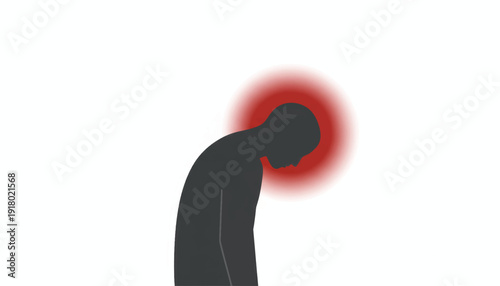 Silhouette of a person with burnout and headache. Minimalist flat design vector illustration. Stress and mental health concept. Red glow around head symbolising pain or pressure