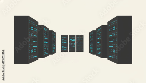 Pixelated server room vector illustration. Data center technology and network computing concept. Retro digital art graphic