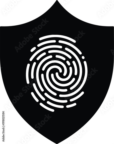 silhouette black shield icon with white fingerprint spiral for security vector design
