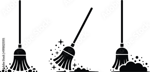 Vector illustration of broom cleaning silhouette collection—symbols for housekeeping, sanitation, dirt removal, cleanliness, sweeping, hygiene, domestic work, dust, order, and artistic representation