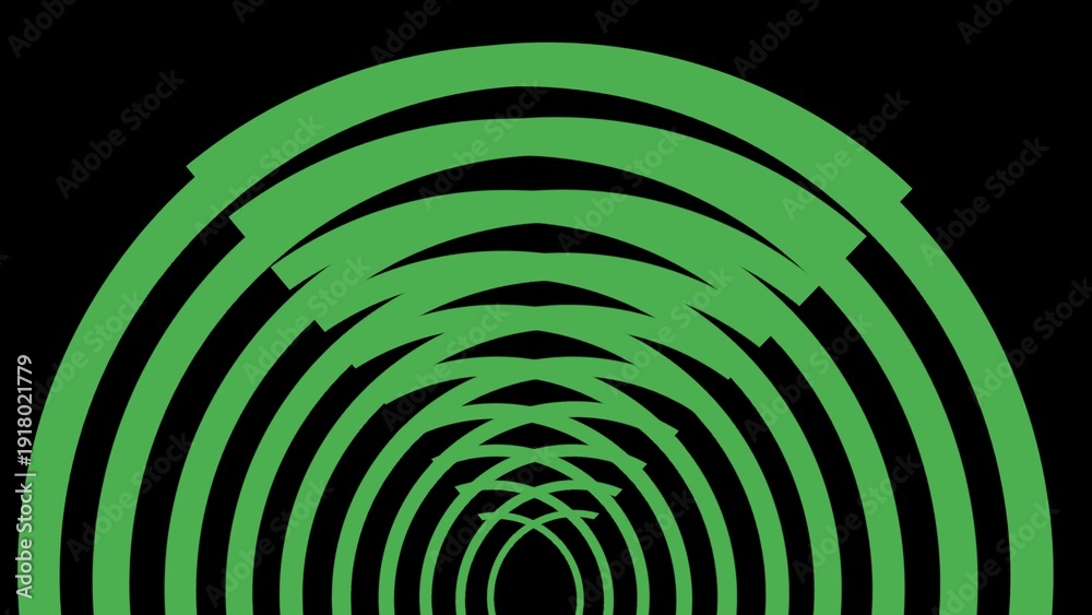 Fototapeta premium Layered green concentric arcs converge toward the center over a deep black background, forming a bold, dynamic abstract pattern with rhythmic symmetry and striking geometric intensity.