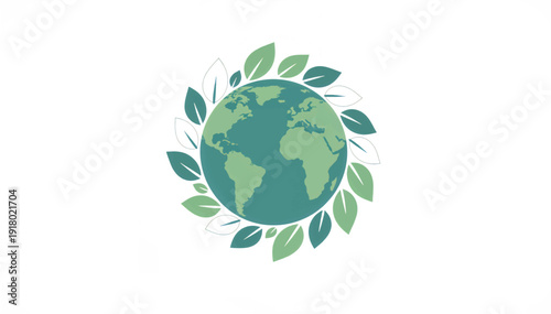 Earth globe with leaf wreath vector illustration. Flat design ecology and sustainability concept. Stylized planet icon isolated on white background
