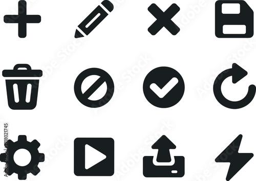 Solid vector icons of UI control actions: add, edit, delete, save, cancel, apply, reset, confirm, submit, refresh, configure,