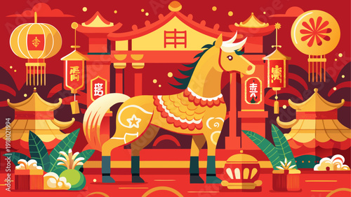 Golden Horse's Auspicious Journey: A radiant golden horse embodies the spirit of prosperity amidst vibrant cultural symbols, heralding an auspicious celebration.