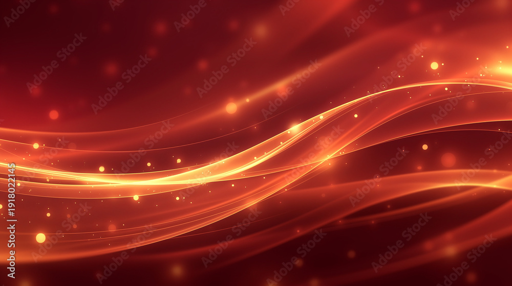 Obraz premium 赤と金の抽象的なウェーブ背景、輝く粒子と光のライン