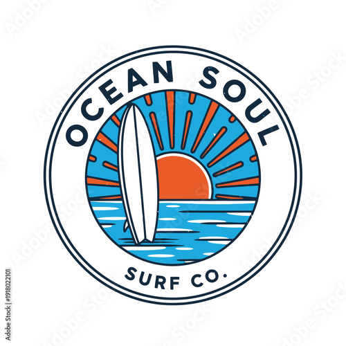 Ocean Soul Surf Co. logo featuring a surfboard, sun, and ocean waves.