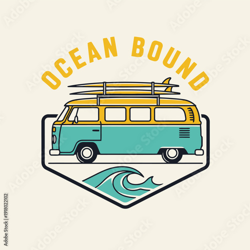 Ocean Bound Vintage Van with Surfboards and Ocean Wave Illustration.