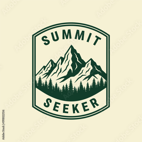 Summit Seeker Emblem - A Detailed Mountain and Forest Badge Design.
