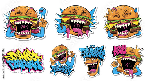 Cartoon burgers with exaggerated expressions and graffiti elements