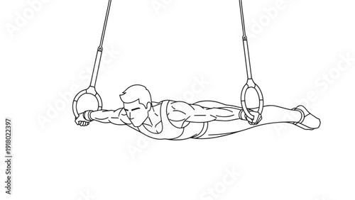 Athlete performing gymnastics ring exercise midair silhouette on rings in motion.