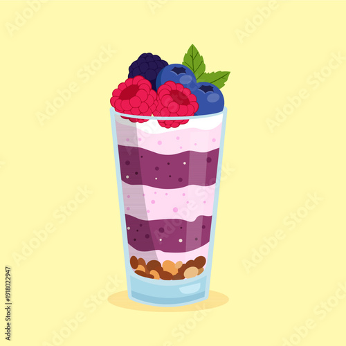 Mixed Berry Yogurt Parfait with Blueberry, Raspberry, and Blackberry.