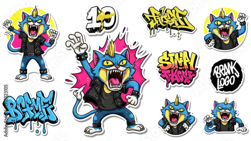 Cartoon cat characters with punk rock style and graffiti elements