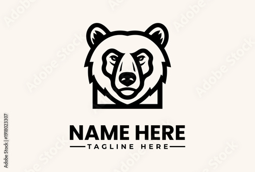 A stylized black bear head logo with bold lines and geometric shapes on a clean white background, featuring placeholder text for a name and tagline.
