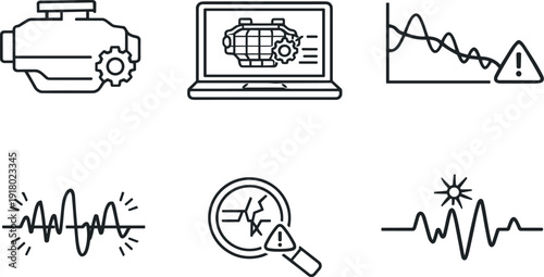 Line vector icons of a virtual engine twin predicting failure of the real one (engine forecasting model): engine form, sim module