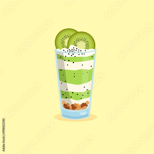 Fresh Kiwi Fruit Yogurt Parfait with Chia Seeds and Oats Illustration