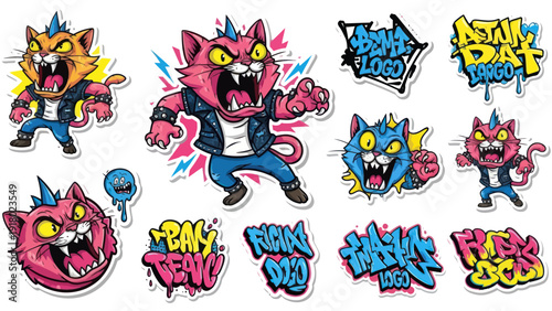 Cartoon cat characters with punk rock style and graffiti logos vector illustration