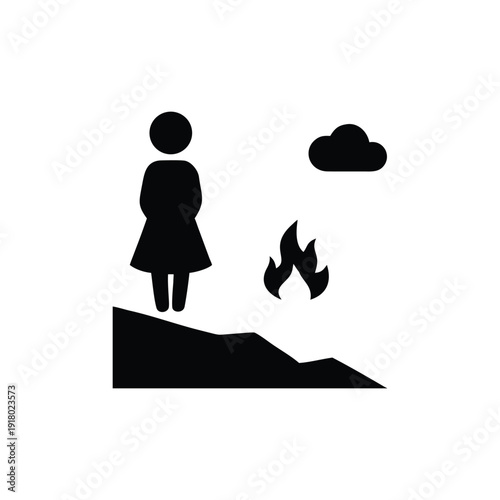 Woman stands on cliff with flowing hair and fire