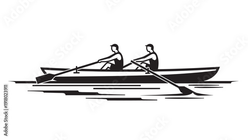 Two rowers paddling a small boat across calm water on a sunny day, displaying teamwork and athletic effort.