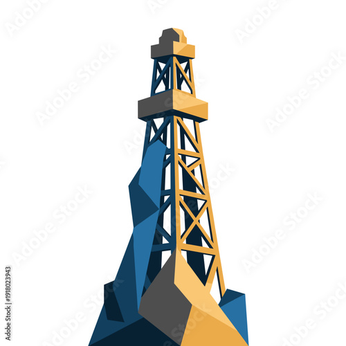 Modern geometric stylized oil rig derrick on rocks
