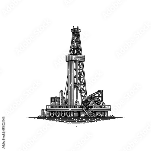 Detailed hand drawn illustration of an oil derrick