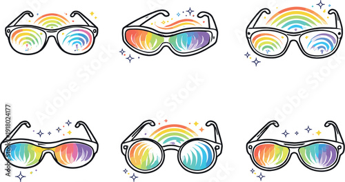 Line vector icons of glasses that let you see Wi-Fi signals as colored waves (wireless spectrum sight): glasses form, signal mark