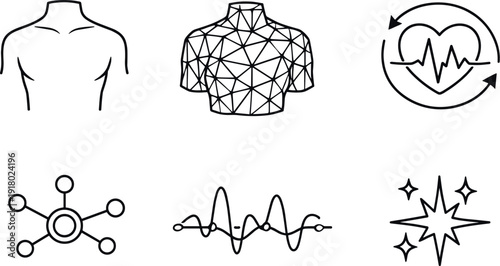 Line vector icons of a patient’s medical record as a constantly updating 3D model (real-time medical mesh): torso contour, 3D