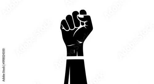 Raised female fist vector illustration, bold black solid silhouette, strong contrast, minimal flat design, white background, empowerment and equality concept, International Women’s Day poster style
