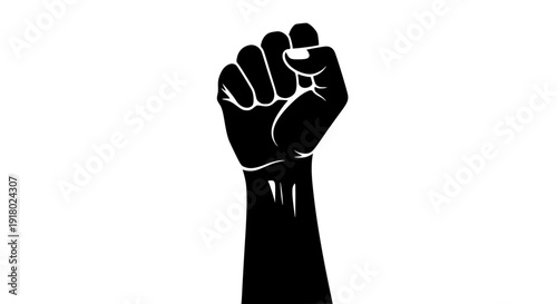 Raised female fist vector illustration, bold black solid silhouette, strong contrast, minimal flat design, white background, empowerment and equality concept, International Women’s Day poster style