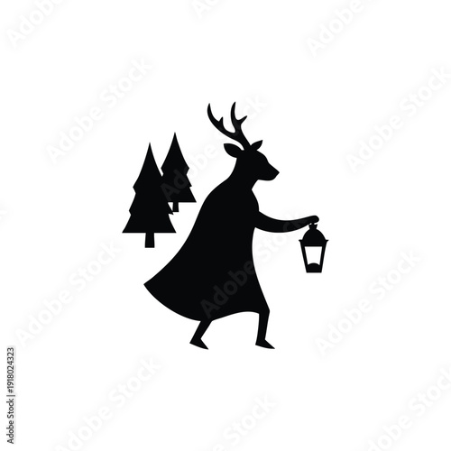 Deer in cloak walks with lantern in forest