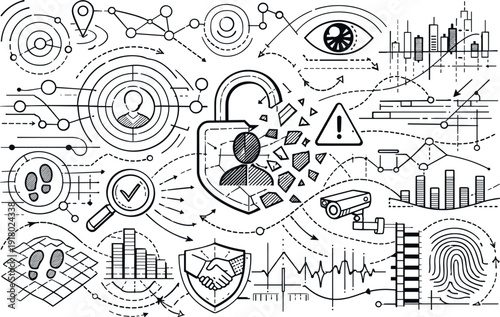 Line vector icons of privacy dissolving amid constant tracking: trace arcs, sensor nodes, identity pads, metric grids, exposure