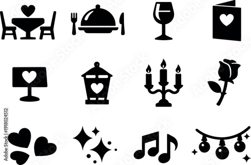 Solid vector icons of romantic anniversary date: dinner, table, chair, plate, wineglass, menu, reservation, lantern, candleholder